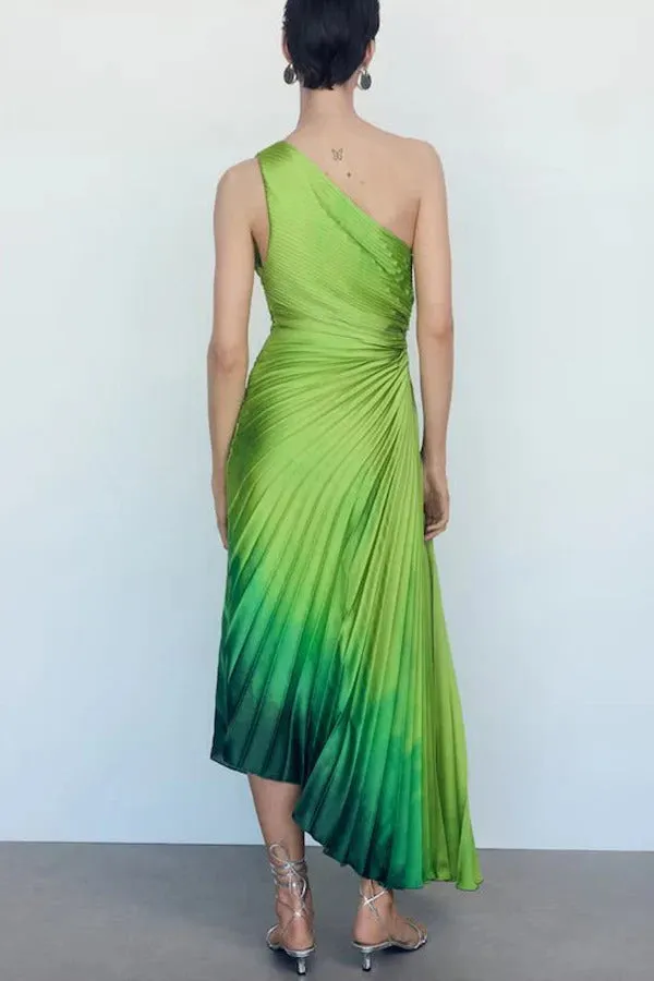 Lawn Wedding Pleated Gradient Print One Shoulder Cutout Maxi Dress