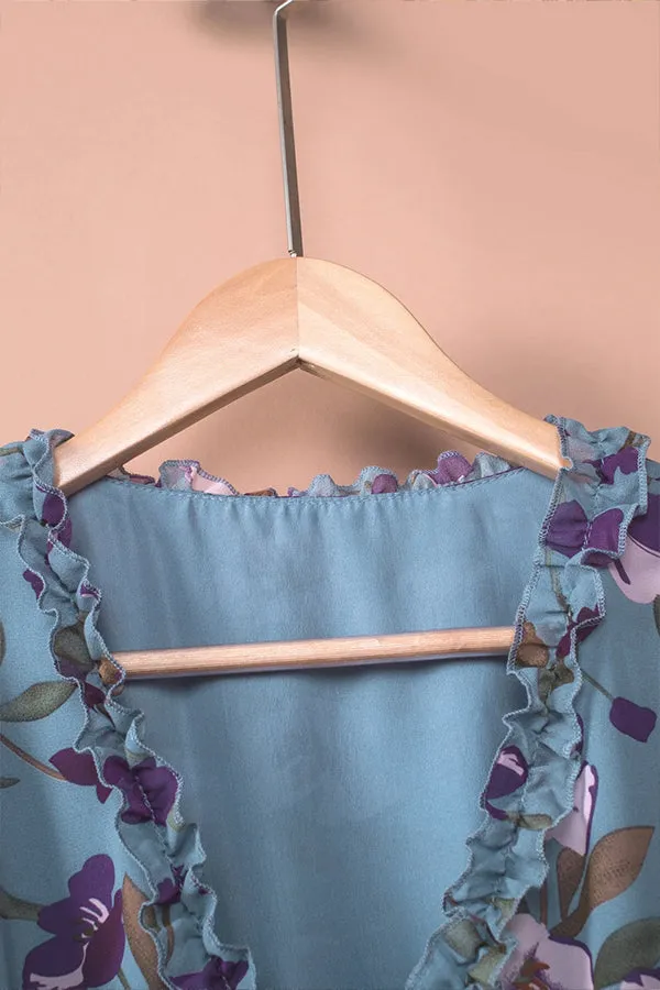 Light Blue Floral Print Ruffle Trim Maxi Dress