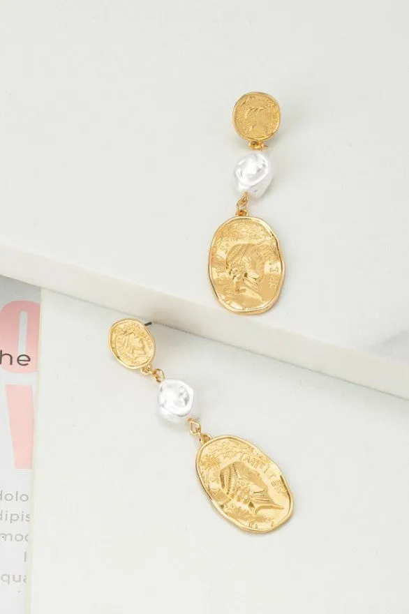 Linear Pearl and Coin Drop Earrings