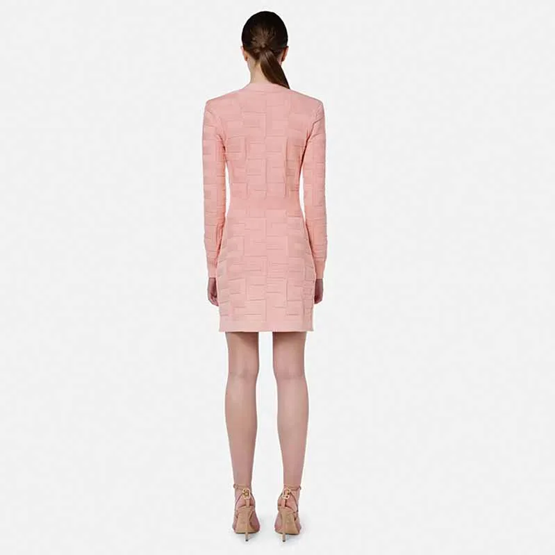 Long Sleeve High Waist Double Breasted Mini Knitted Dress Pink Rust