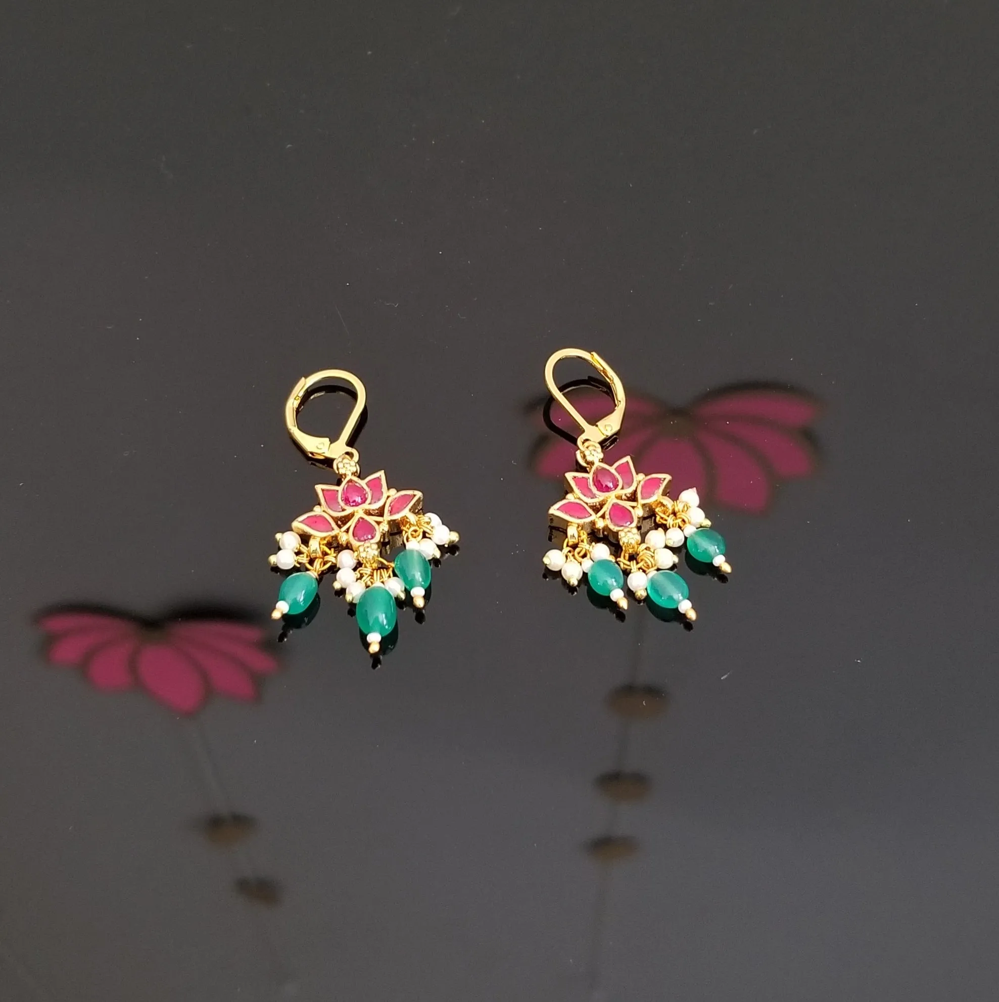 Lotus Design Kundan Hook Earrings