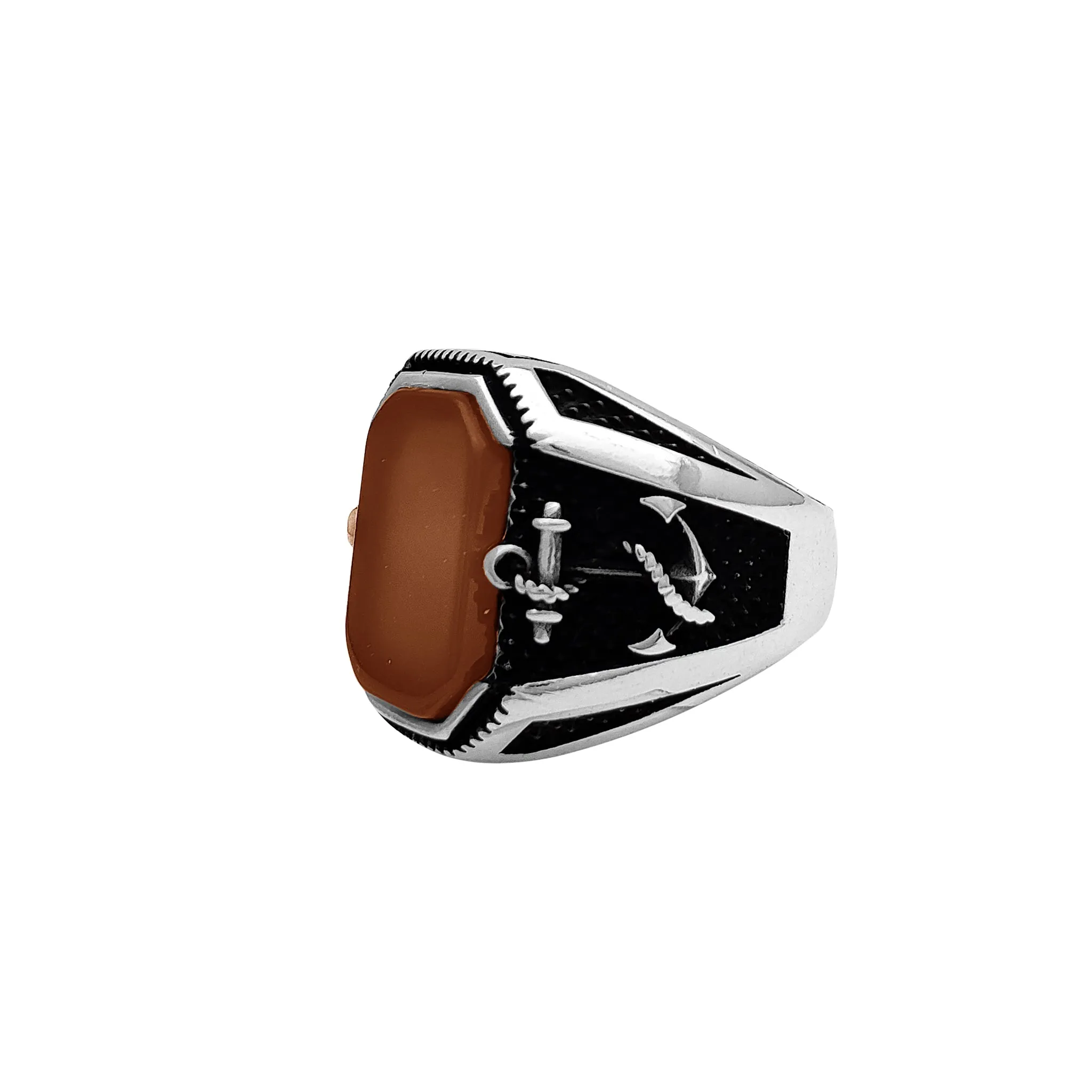 Mahogany-Stone Anchor Antique-Finish Men's Ring (Silver)