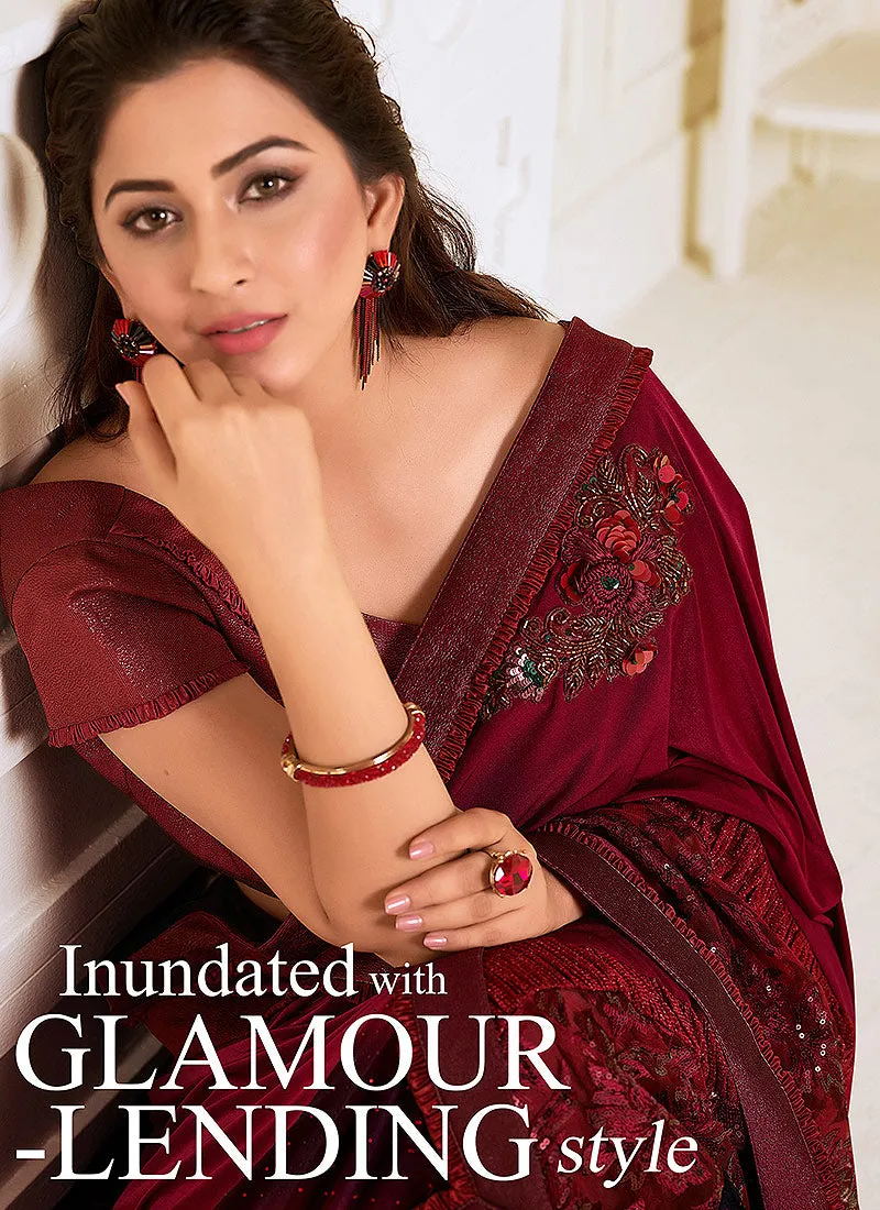Maroon Sequence Embroidered Designer Saree