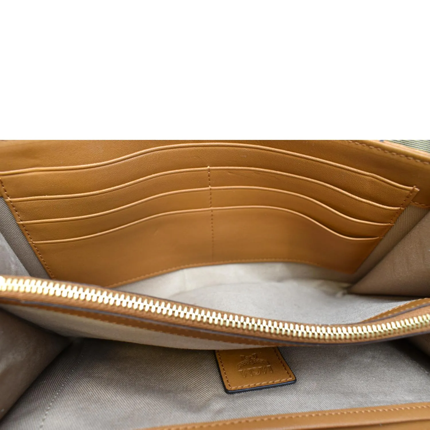 MCM Tracy Visetos Canvas Crossbody Chain Wallet Cognac
