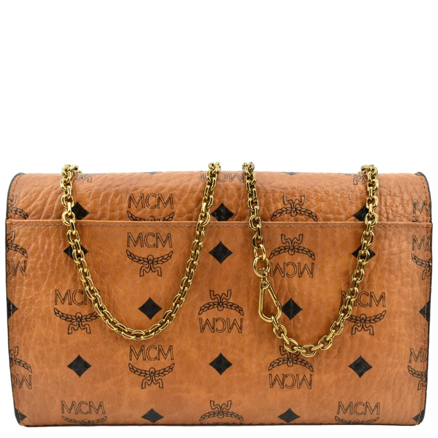 MCM Tracy Visetos Canvas Crossbody Chain Wallet Cognac