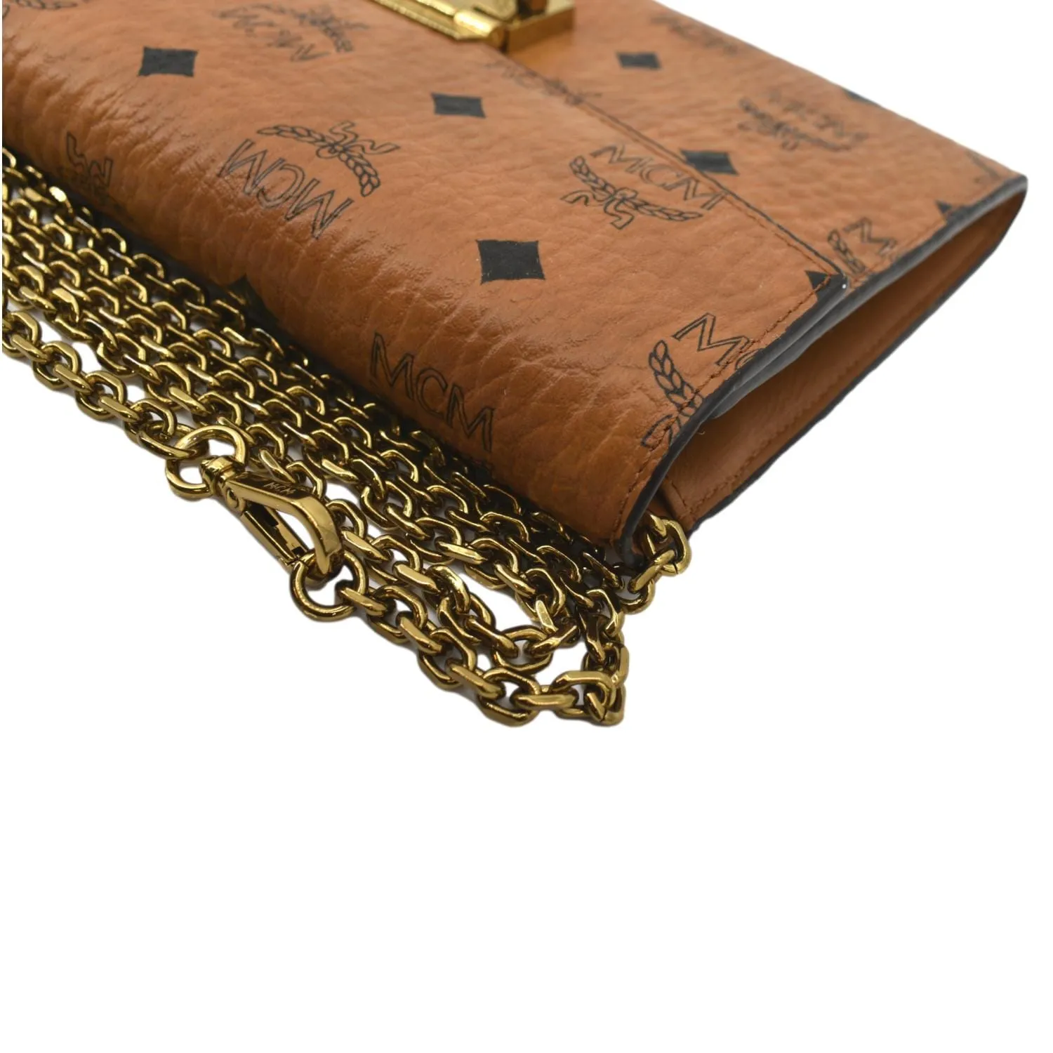 MCM Tracy Visetos Canvas Crossbody Chain Wallet Cognac