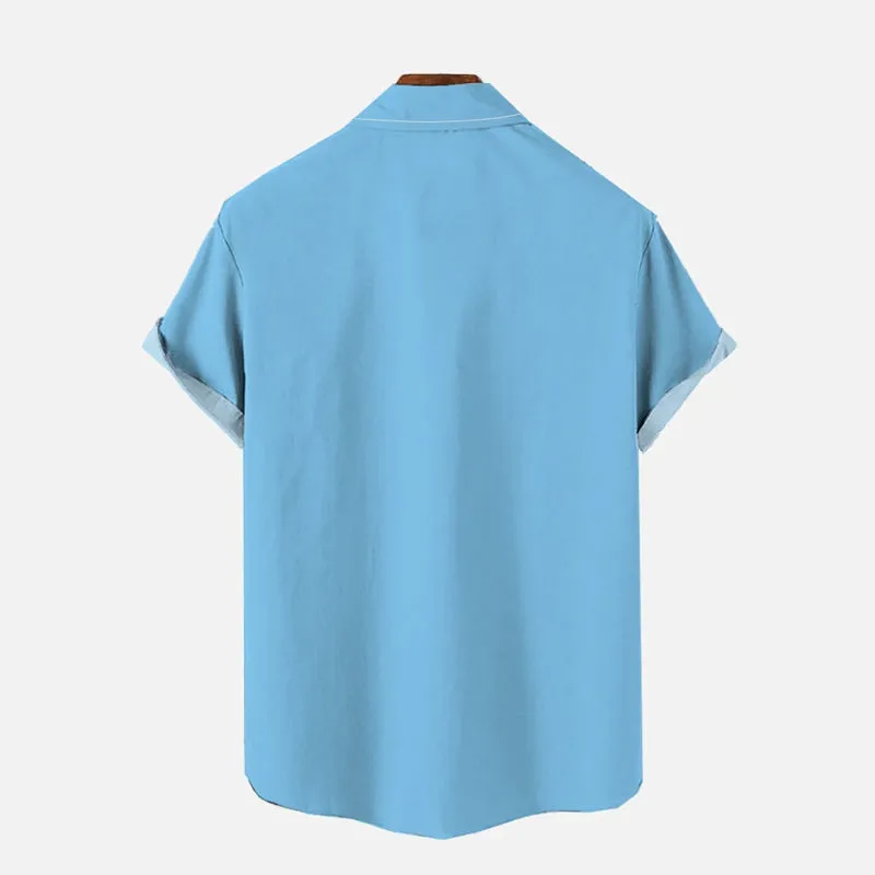 Men's Retro Blue And Black Striped Coconut Tree Printing Shirt