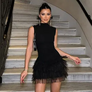 Mesh Splice Mini Dress For Women Slim Fit Sexy Hip Wrap Sleeveless Spring Summer Clubwear Party Bodycon Dresses