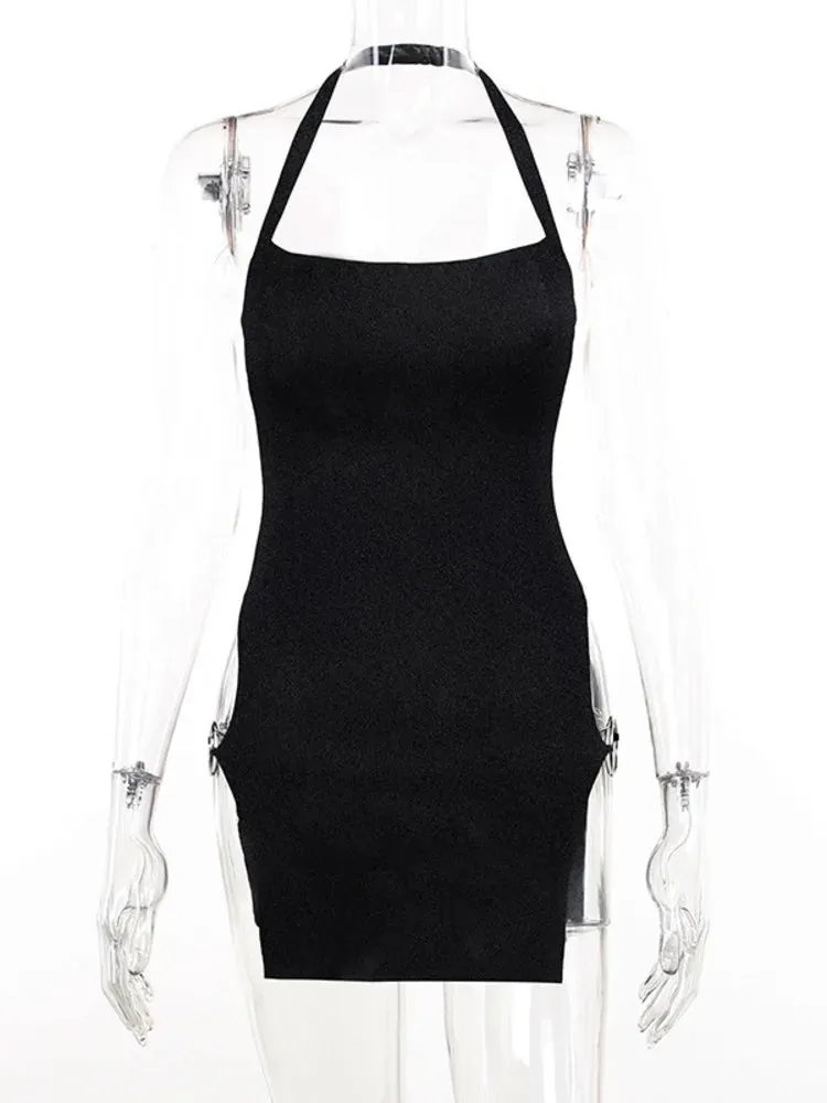 Mini Dress For Women Metal Ring Split Cut Out Sides Summer Fashion Black Halter Backless Sleeveless Bodycon Short Dress