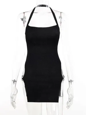 Mini Dress For Women Metal Ring Split Cut Out Sides Summer Fashion Black Halter Backless Sleeveless Bodycon Short Dress
