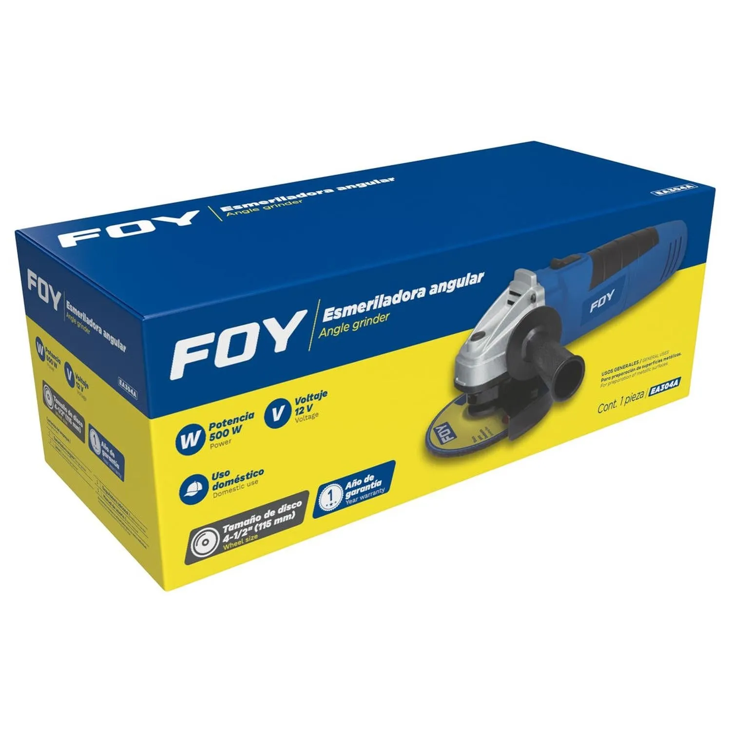 Mini esmeriladora angular 4-1/2" 500 W 11000 RPM, Foy EA304A