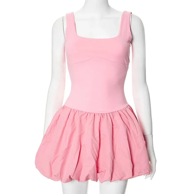 Mini Vest Dress Folds Patchwork For Women Slim Fit High Waist Summer Dress Sleeveless A-line Solid Party Dress