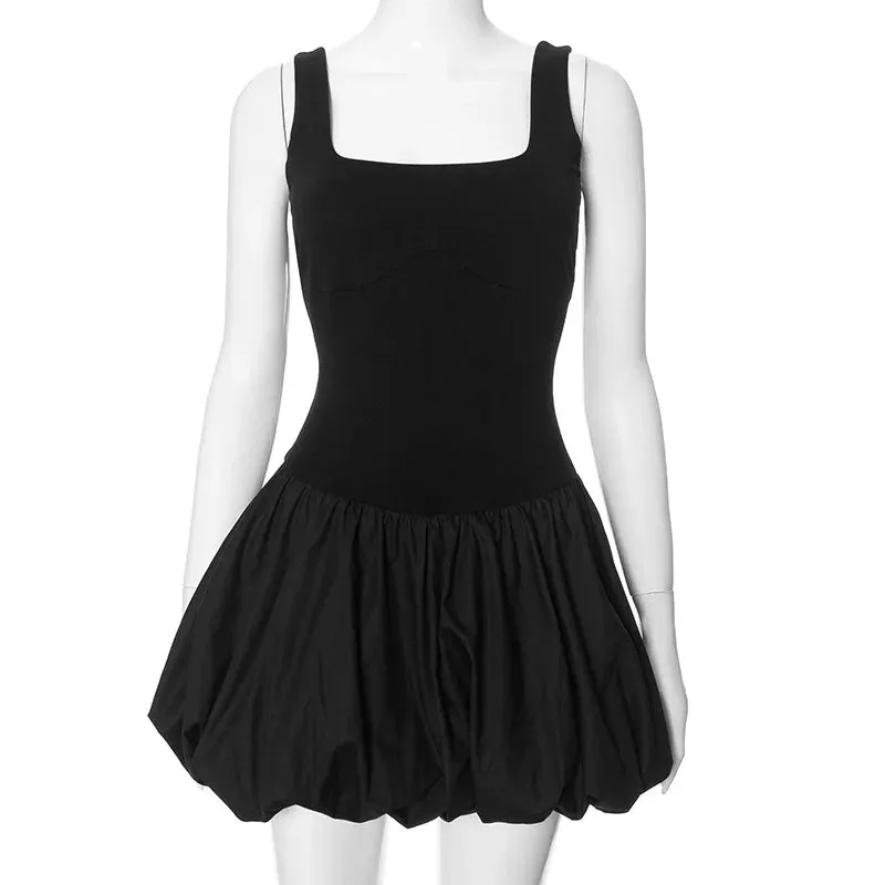 Mini Vest Dress Folds Patchwork For Women Slim Fit High Waist Summer Dress Sleeveless A-line Solid Party Dress