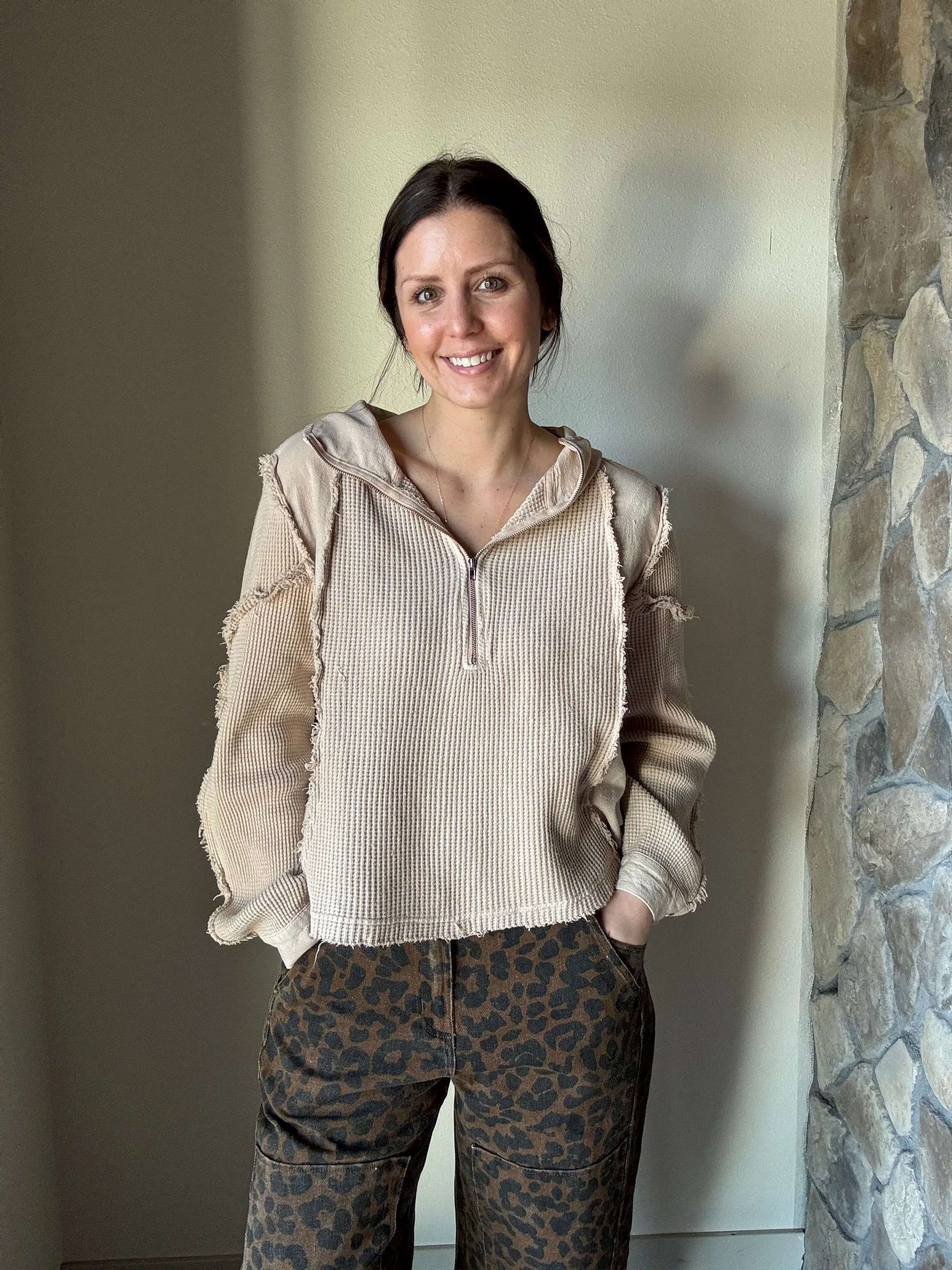 natural mixed waffle   gauze hoodie