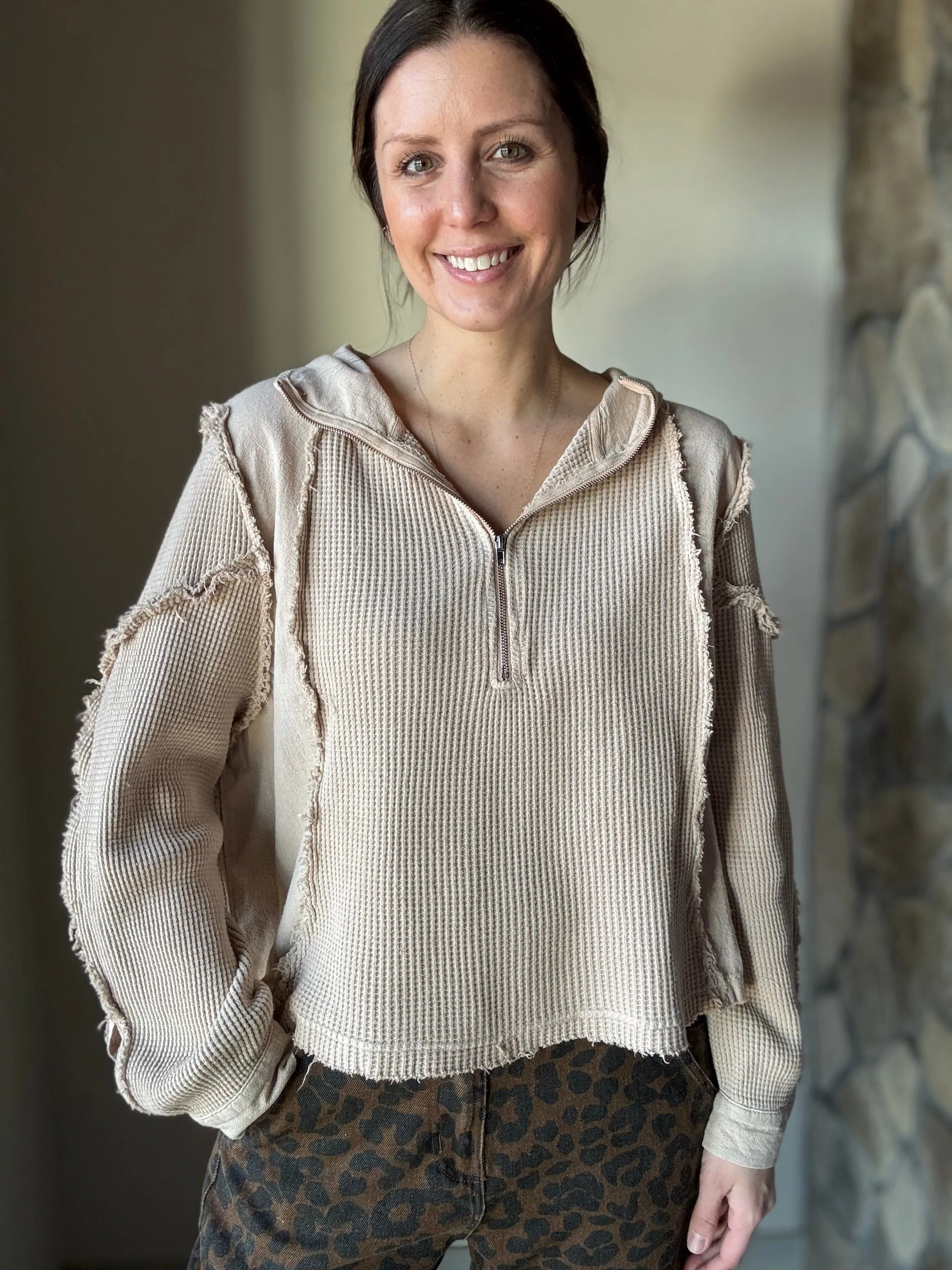 natural mixed waffle   gauze hoodie