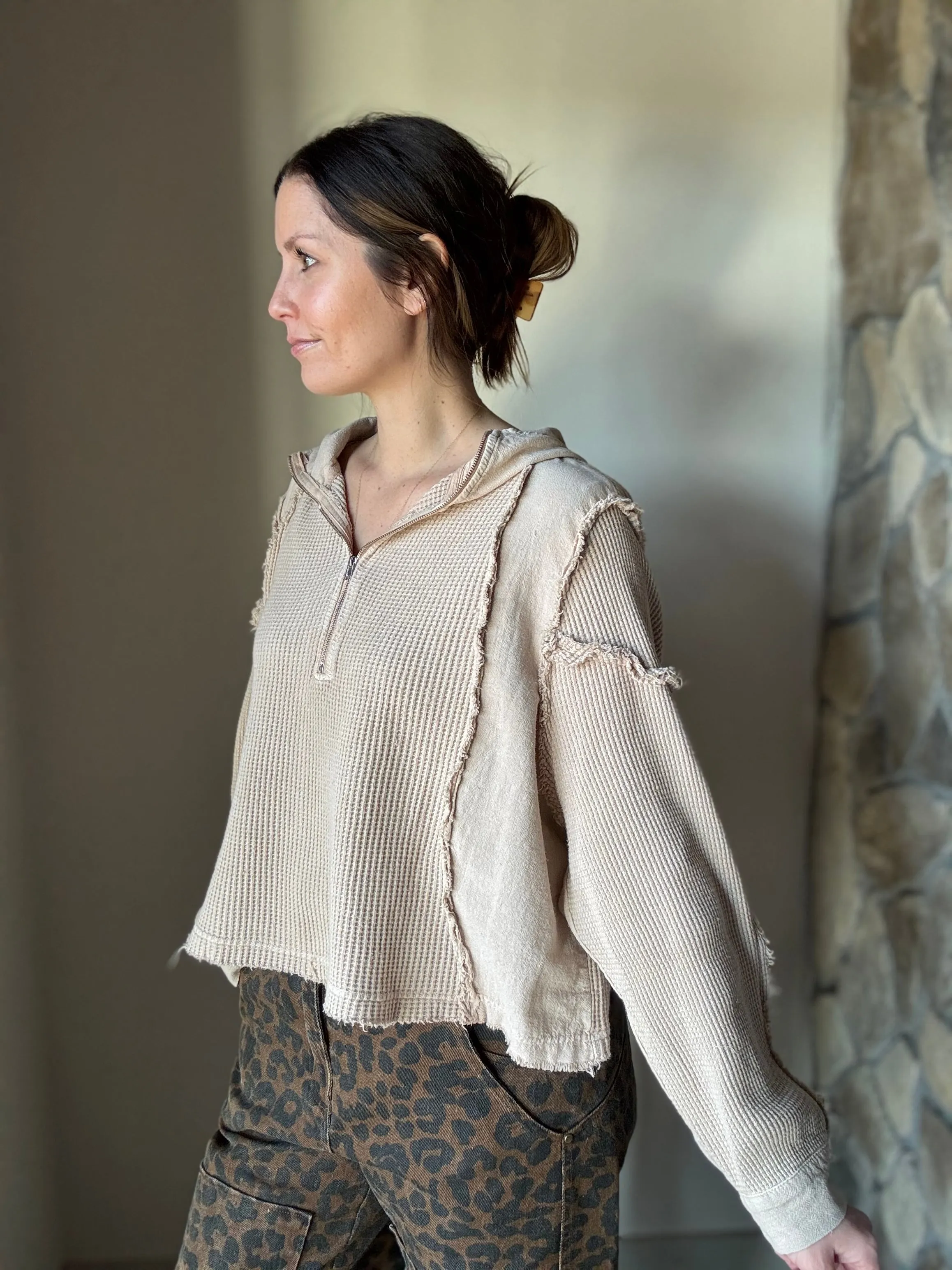 natural mixed waffle   gauze hoodie