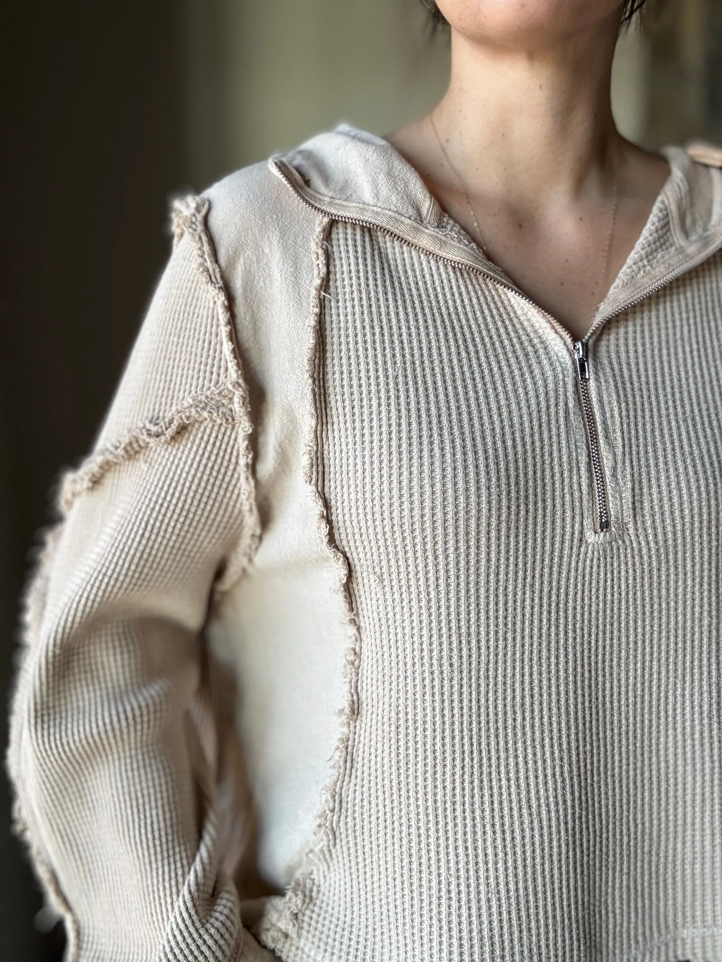 natural mixed waffle   gauze hoodie