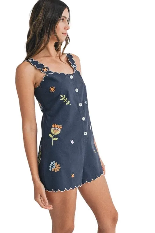 Navy embroidered button down romper
