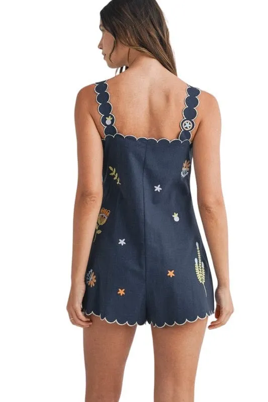 Navy embroidered button down romper