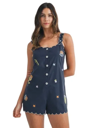 Navy embroidered button down romper