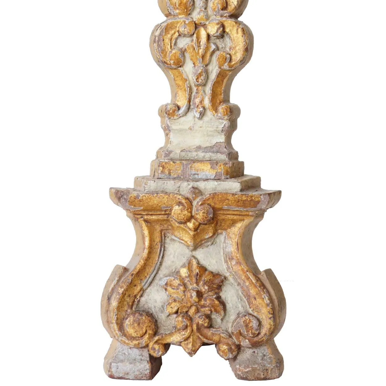 Near Pair Indo-Portuguese Painted and Gilt Teak Pricket Candlesticks