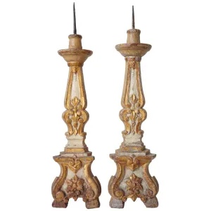 Near Pair Indo-Portuguese Painted and Gilt Teak Pricket Candlesticks