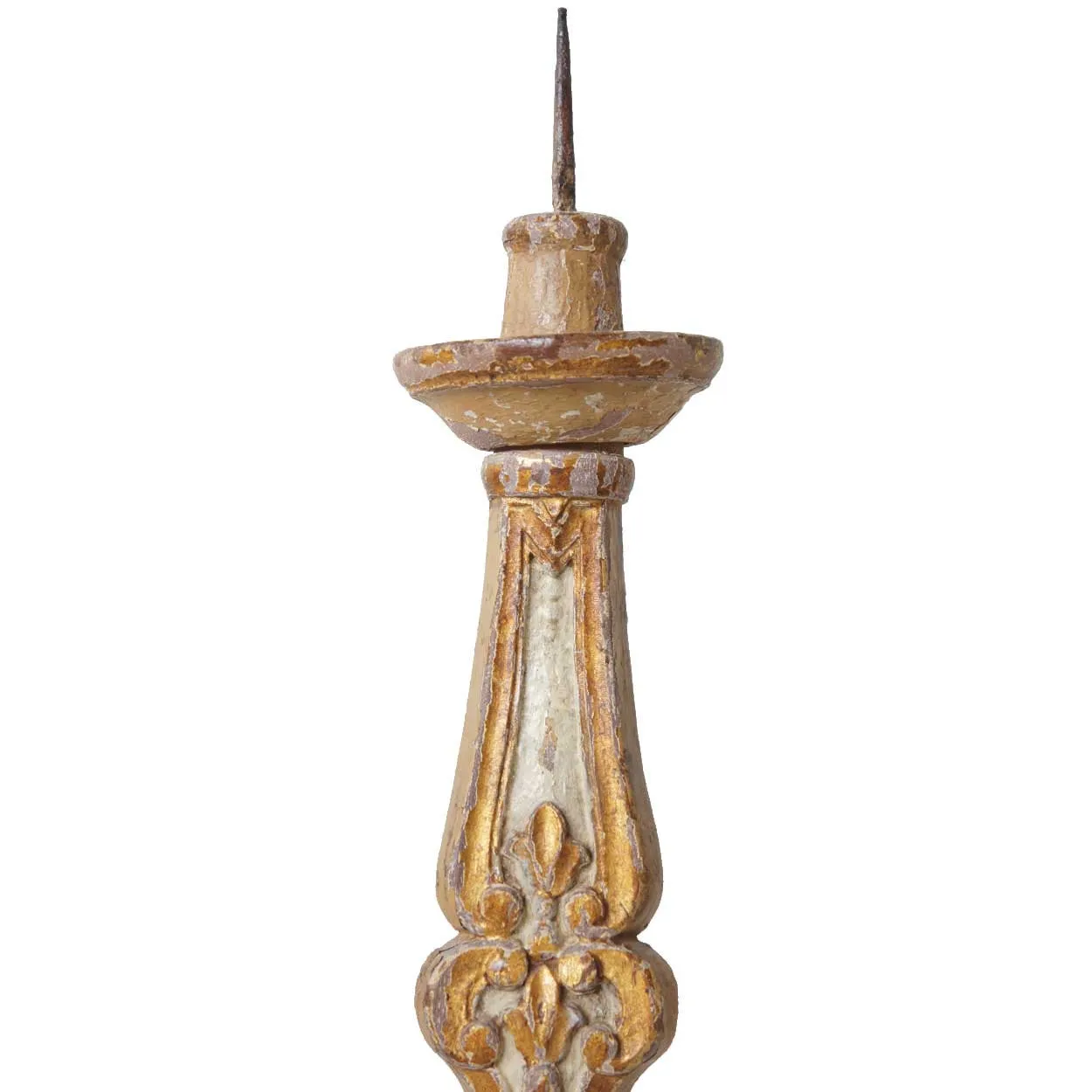Near Pair Indo-Portuguese Painted and Gilt Teak Pricket Candlesticks