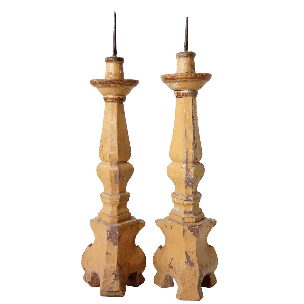 Near Pair Indo-Portuguese Painted and Gilt Teak Pricket Candlesticks
