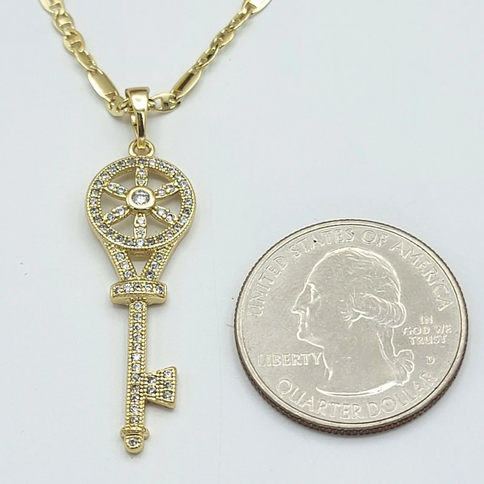 Necklaces - 14K Gold Plated. Elegant Flower CZ Key Pendant & Chain.