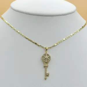 Necklaces - 14K Gold Plated. Elegant Flower CZ Key Pendant & Chain.