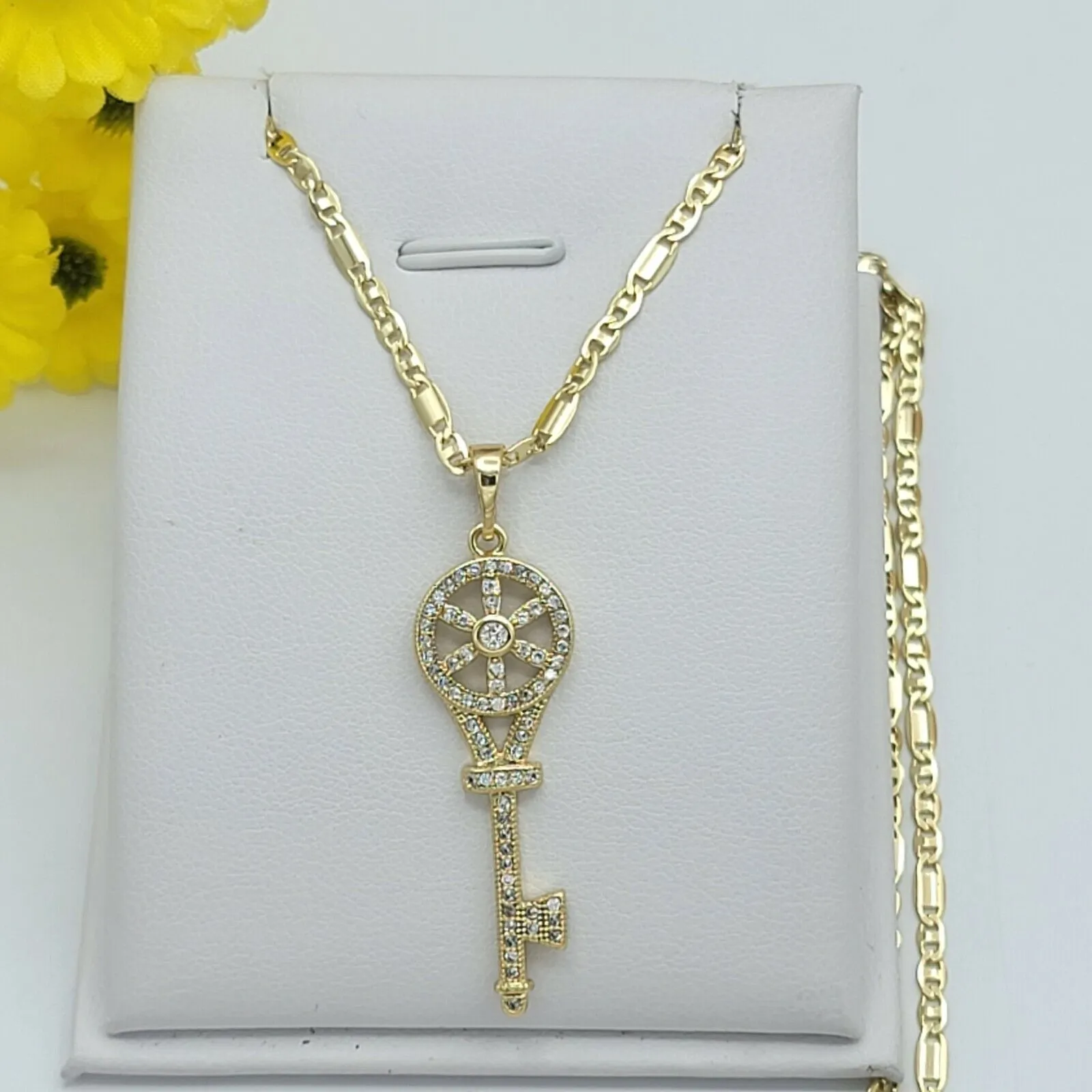 Necklaces - 14K Gold Plated. Elegant Flower CZ Key Pendant & Chain.