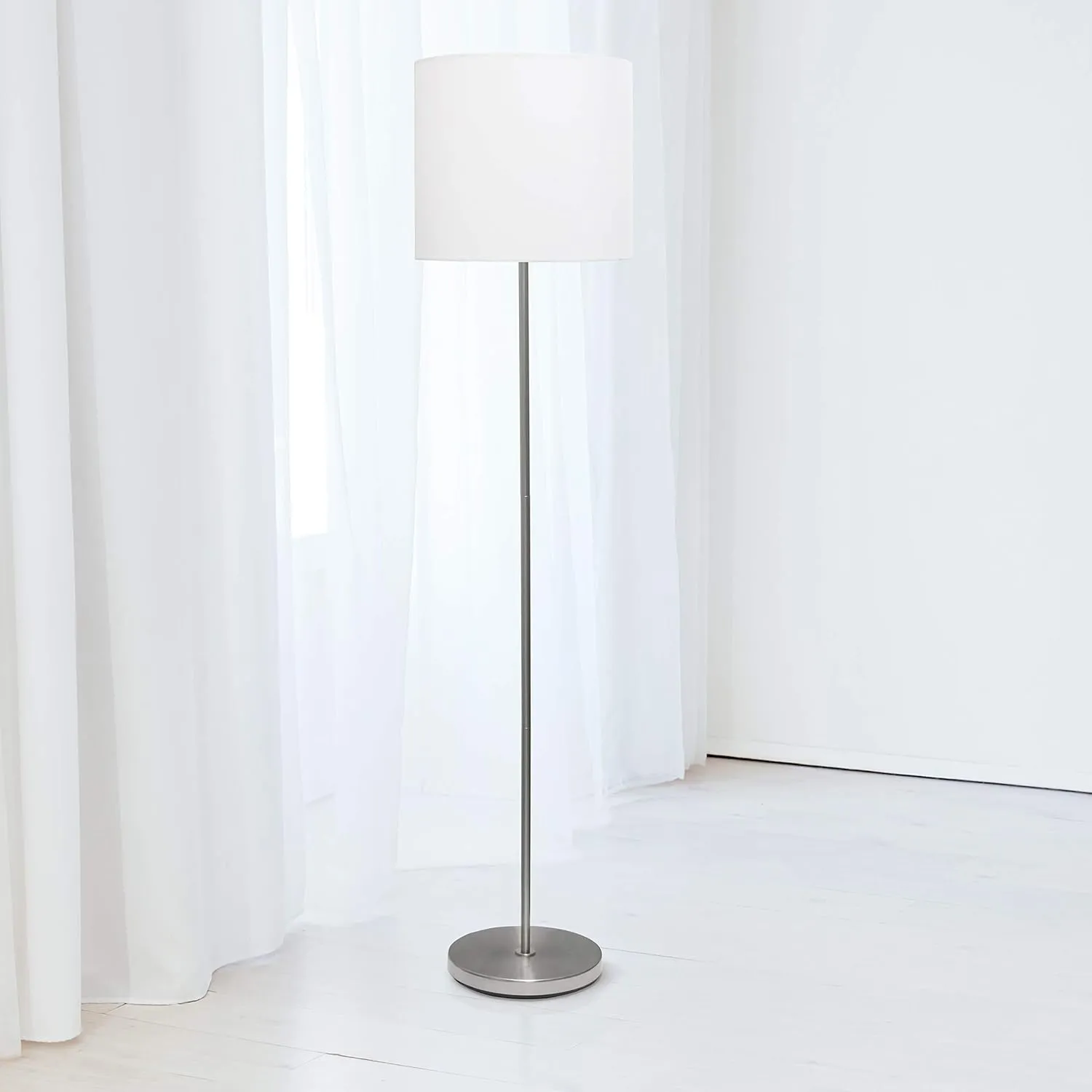 NEW Simple Designs 58" Tall Brushed Nickel Drum Shade Floor Lamp with foot switch, White