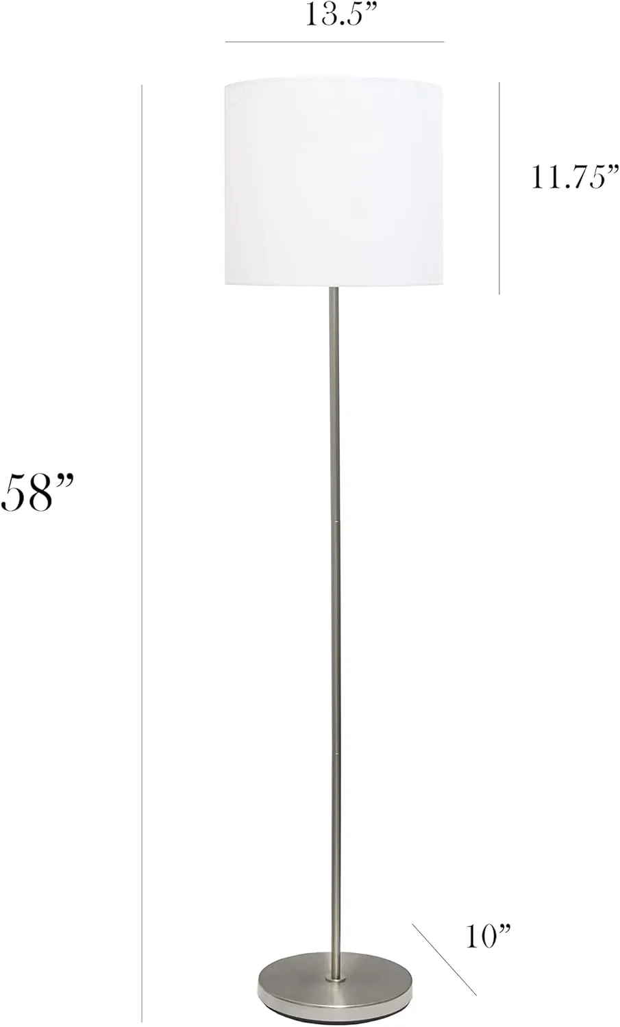 NEW Simple Designs 58" Tall Brushed Nickel Drum Shade Floor Lamp with foot switch, White