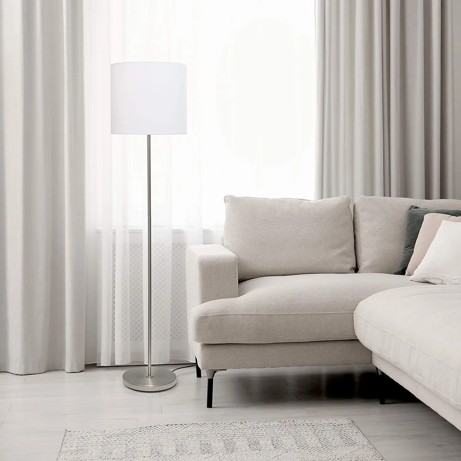 NEW Simple Designs 58" Tall Brushed Nickel Drum Shade Floor Lamp with foot switch, White