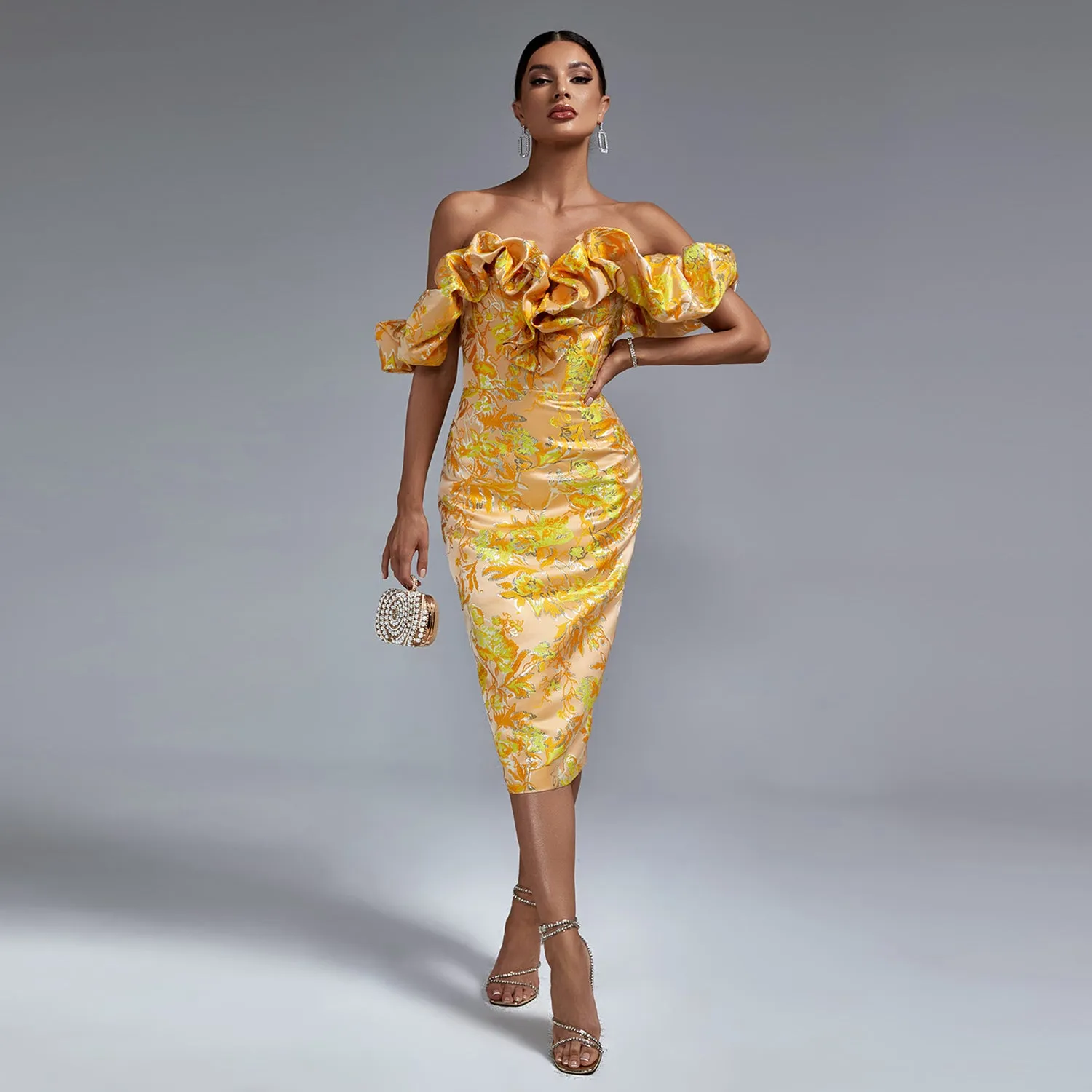 Off Shoulder Pleated Midi Elegant Bodycon Dress