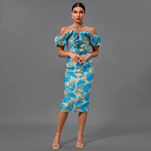 Off Shoulder Pleated Midi Elegant Bodycon Dress