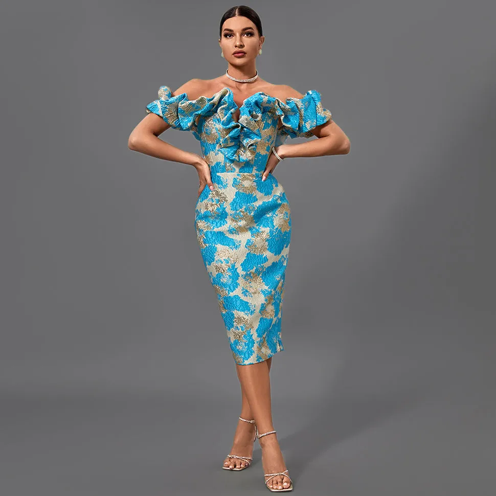 Off Shoulder Pleated Midi Elegant Bodycon Dress