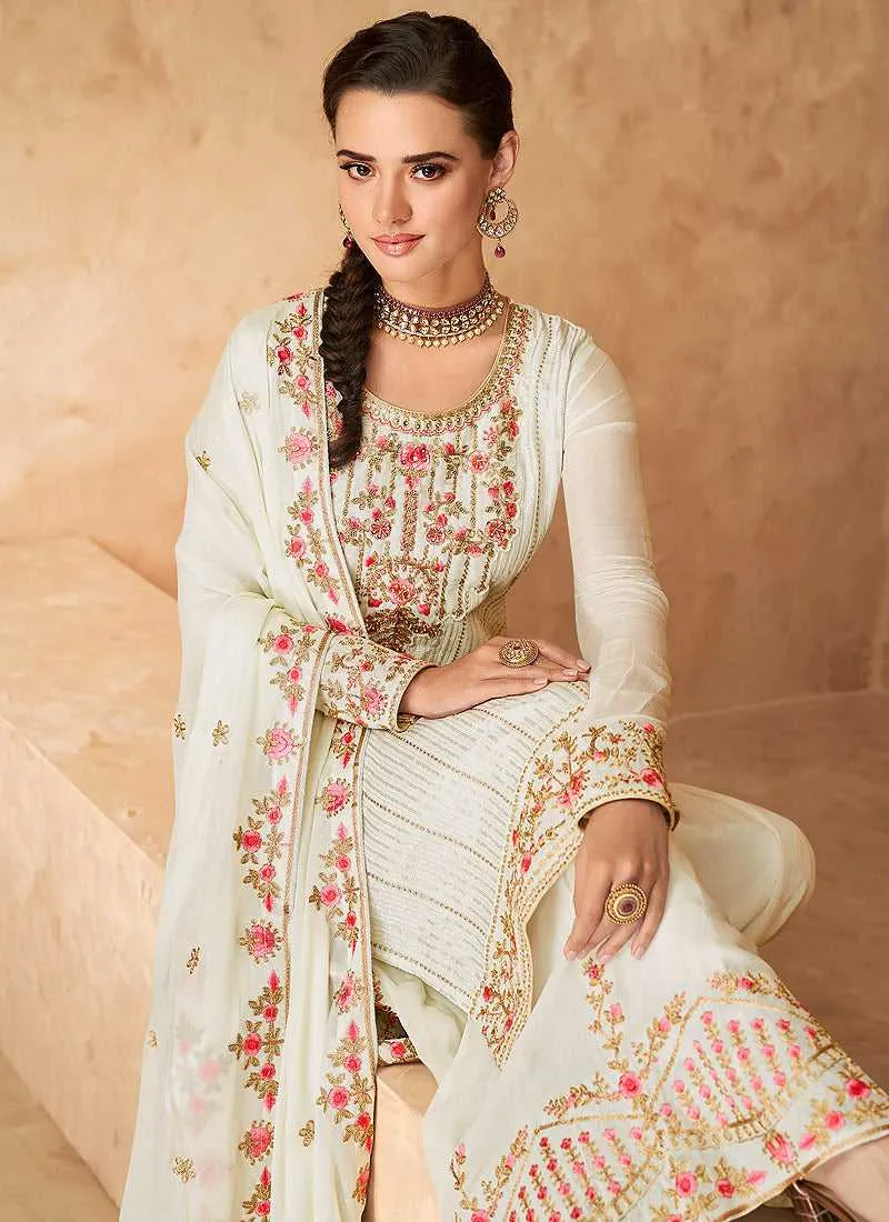 Off White Embroidered Designer Sharara Style Suit