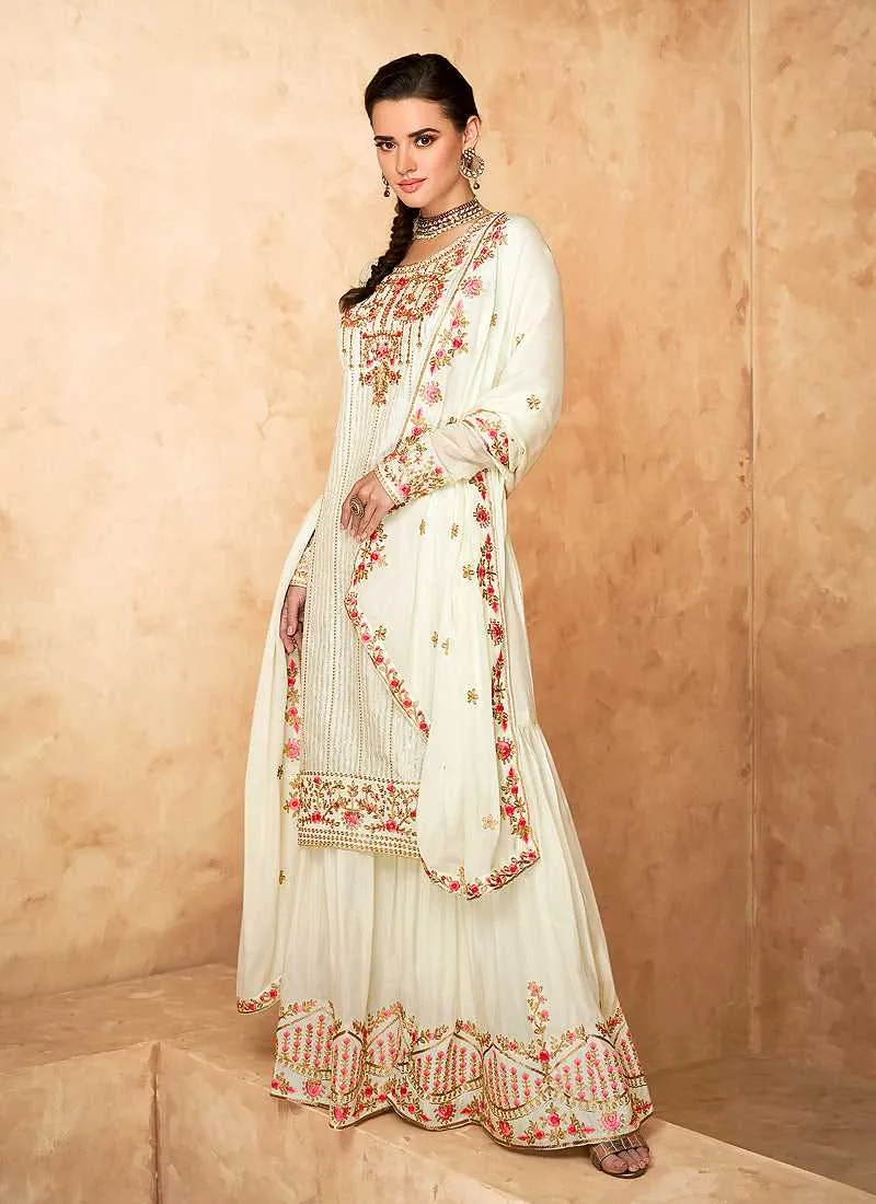 Off White Embroidered Designer Sharara Style Suit
