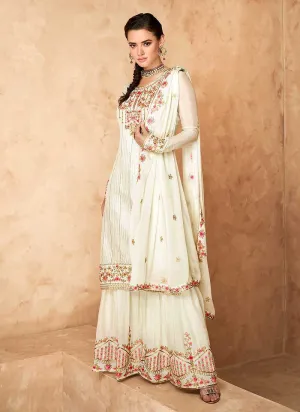 Off White Embroidered Designer Sharara Style Suit