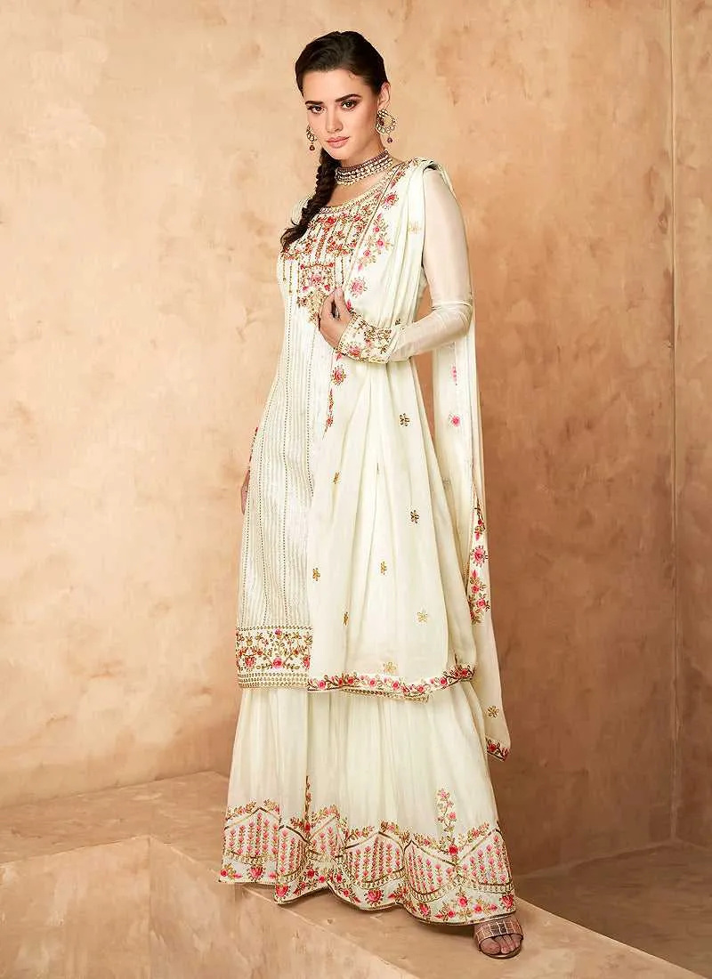 Off White Embroidered Designer Sharara Style Suit
