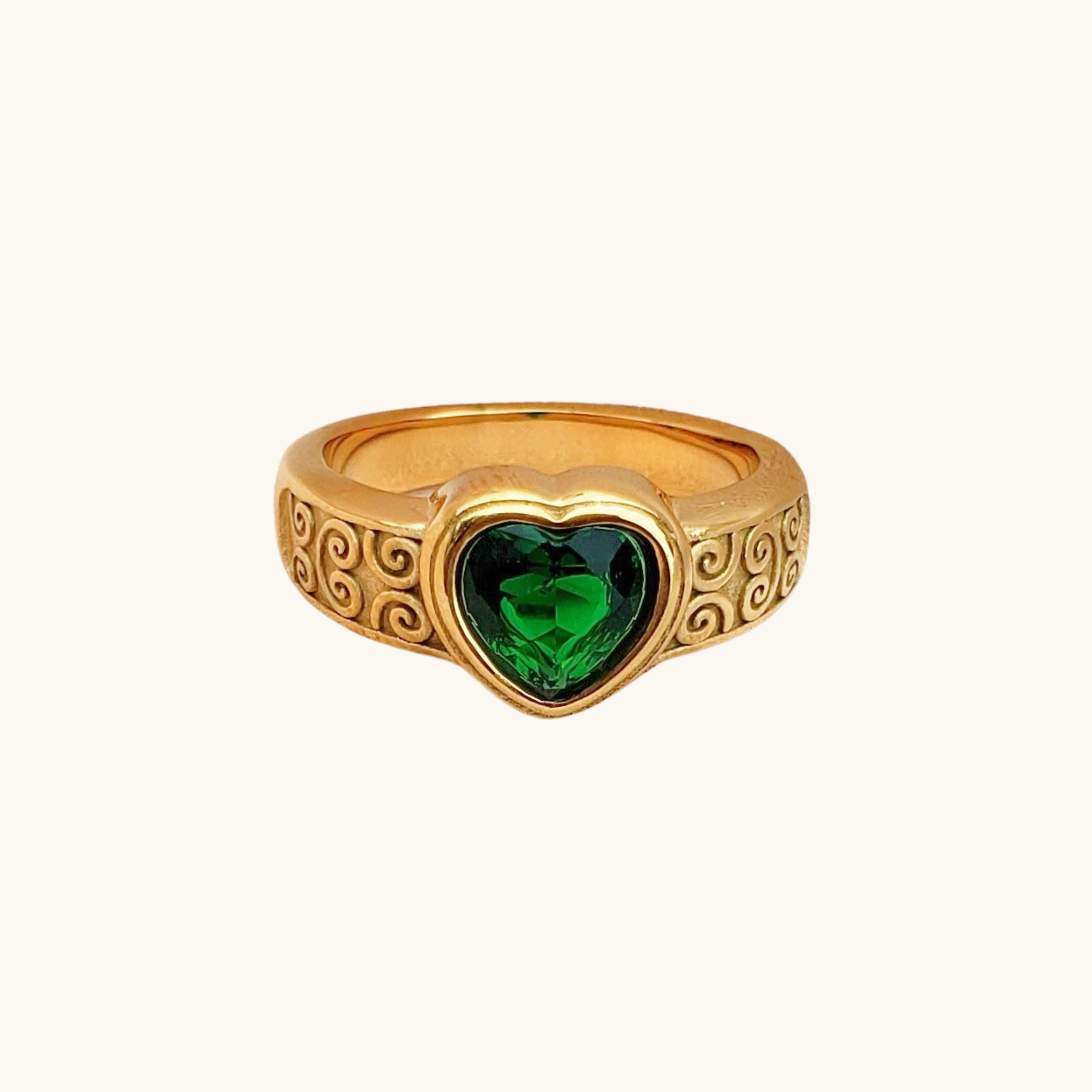 Ornate Band Emerald Heart Ring