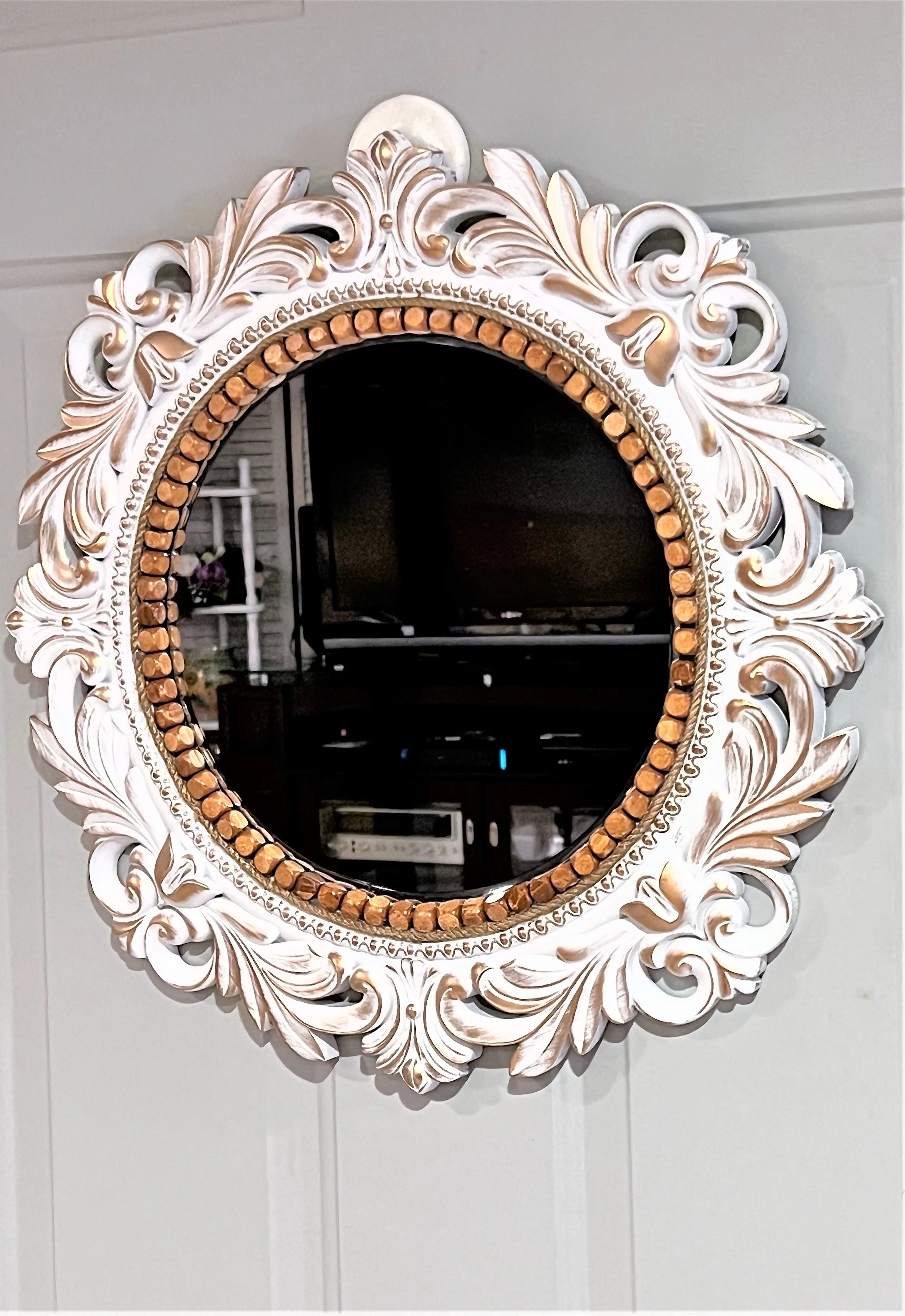 Ornate Distress Gold-White Mirror 20 " Round Frame  X 12 Mirror