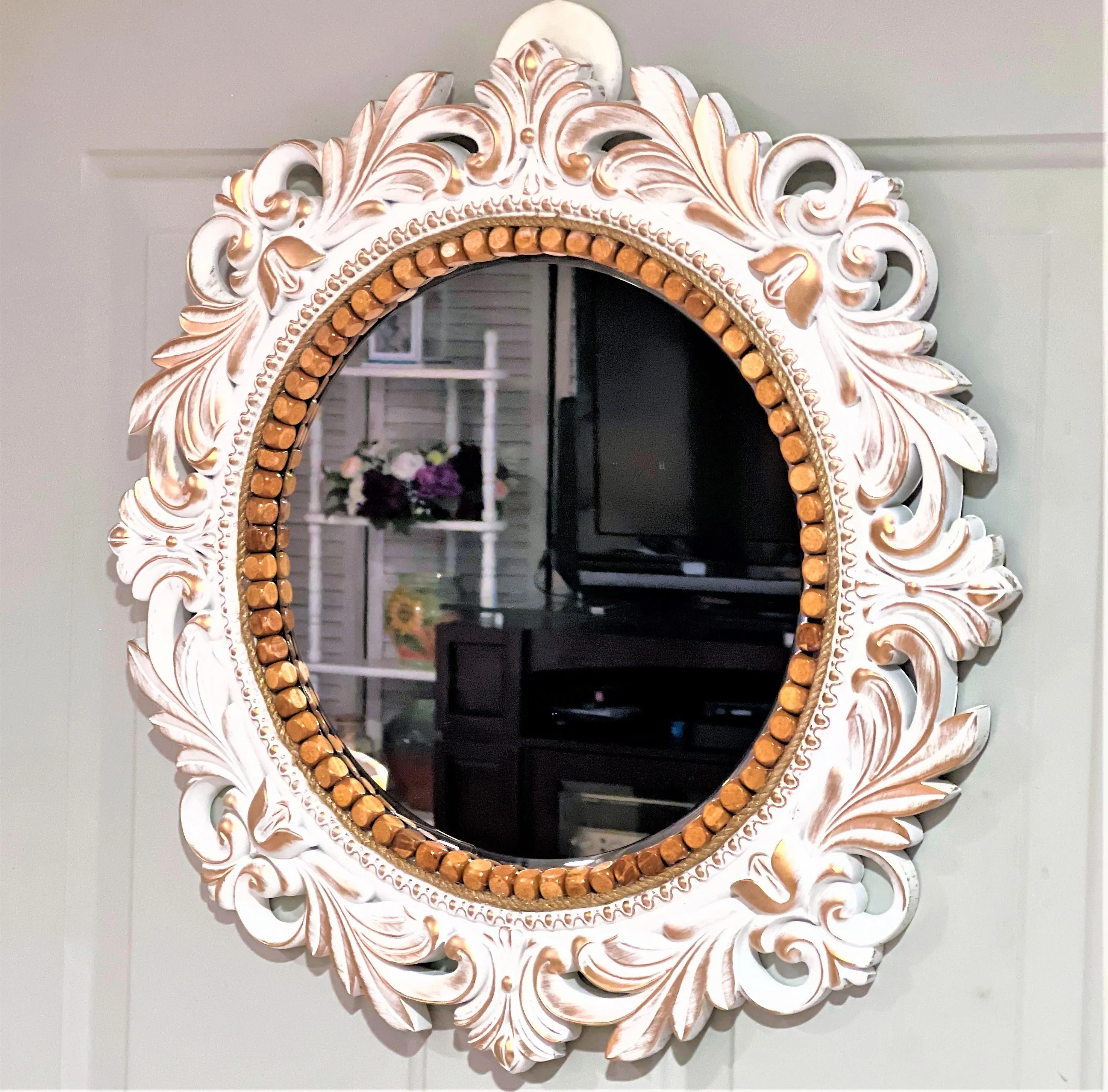 Ornate Distress Gold-White Mirror 20 " Round Frame  X 12 Mirror