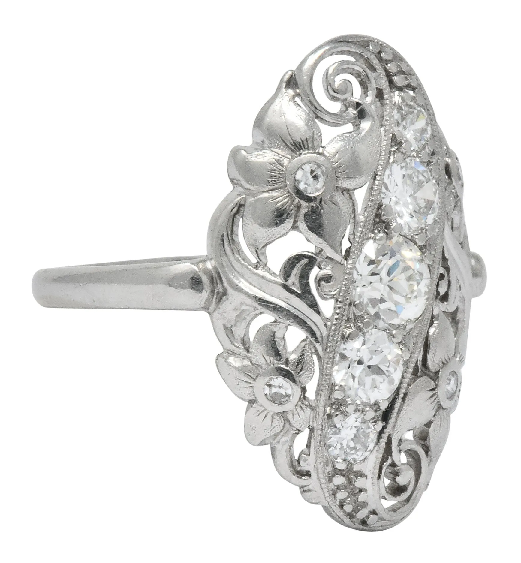 Ornate Edwardian 0.80 CTW Diamond Platinum Floral Dinner Ring Circa 1915