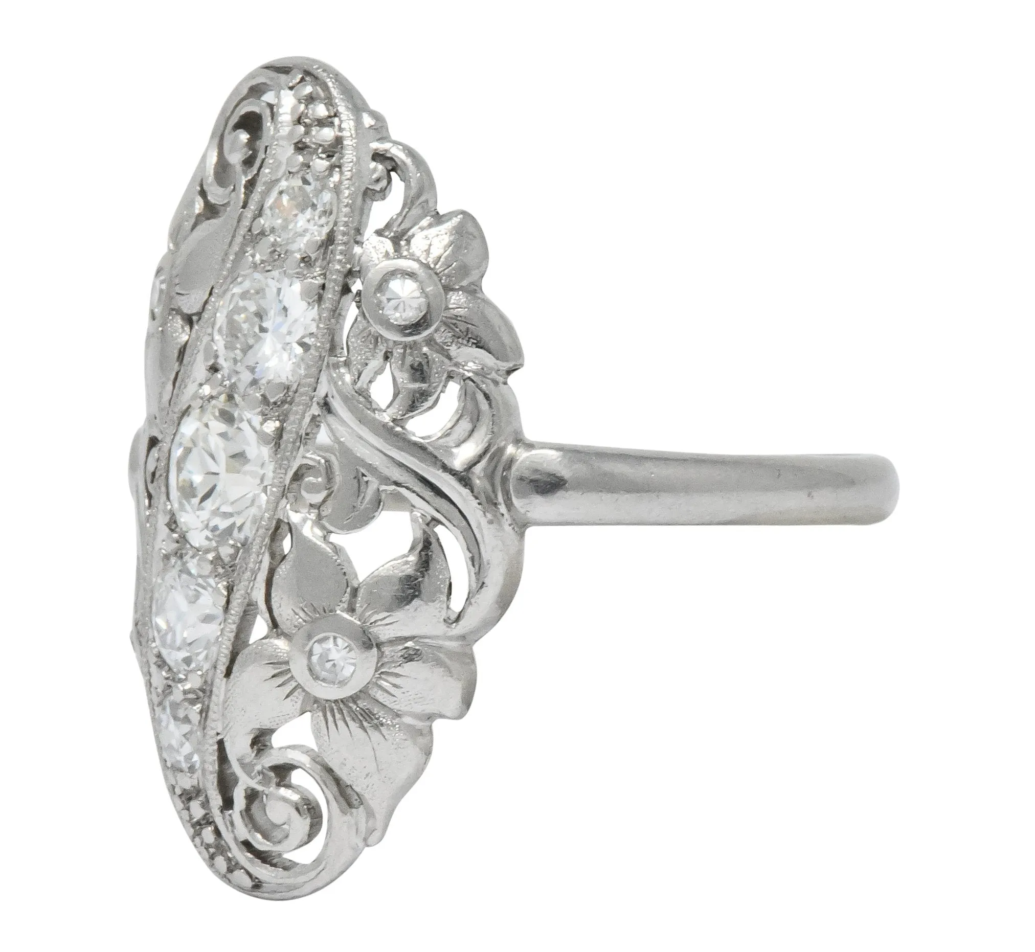 Ornate Edwardian 0.80 CTW Diamond Platinum Floral Dinner Ring Circa 1915