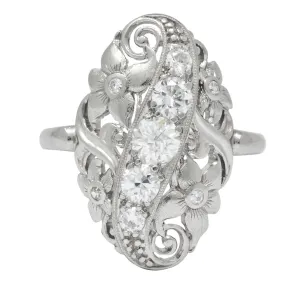 Ornate Edwardian 0.80 CTW Diamond Platinum Floral Dinner Ring Circa 1915