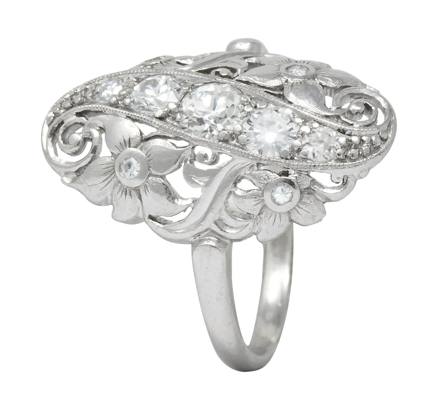 Ornate Edwardian 0.80 CTW Diamond Platinum Floral Dinner Ring Circa 1915