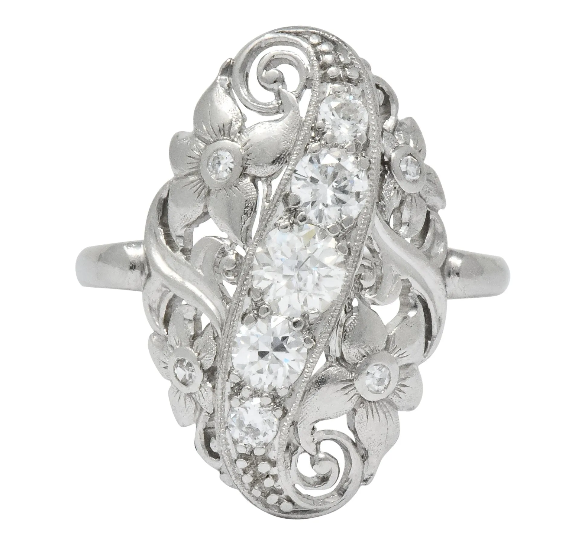 Ornate Edwardian 0.80 CTW Diamond Platinum Floral Dinner Ring Circa 1915