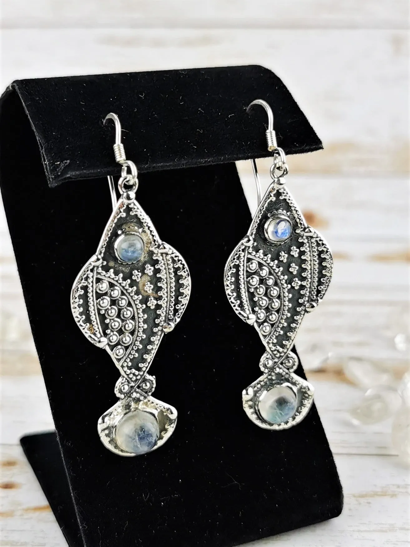 Ornate Fish Moonstone Earrings